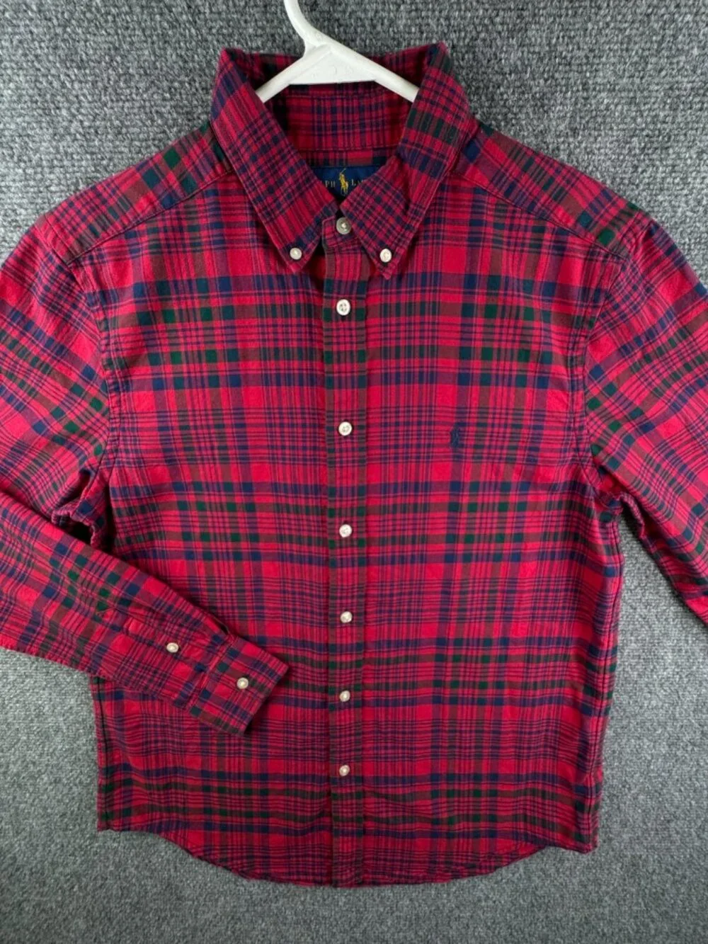 Ralph Lauren Boys Long Sleeve Button Up Oxford Red Blue Plaid XL 18-20 Cotton